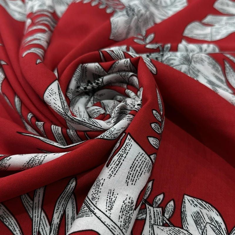 Tecido Viscose Estampada Folhagem Tropical Fundo Vermelho • Luema Tecidos