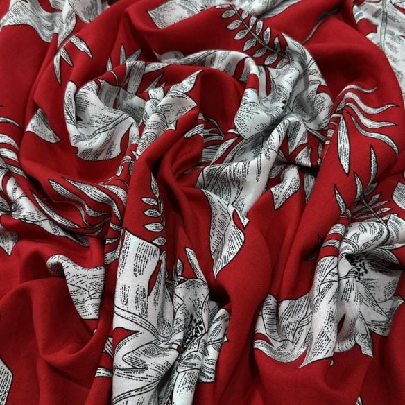 Tecido Viscose Estampada Folhagem Tropical Fundo Vermelho • Luema Tecidos