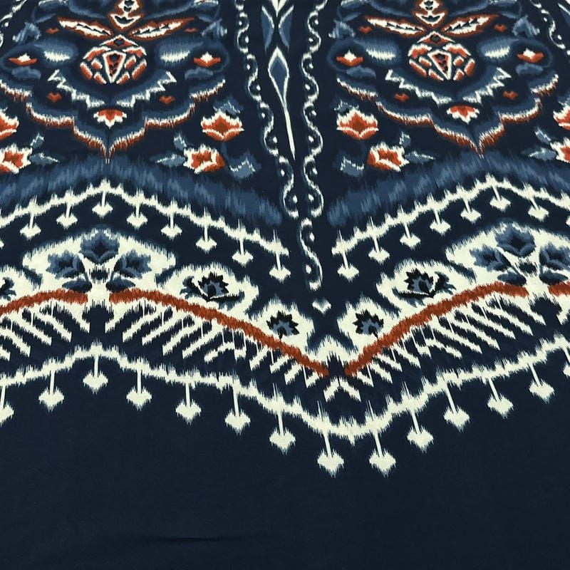 Tecido Viscose Estampada Étnica Ornamental Fundo Azul Marinho • Luema Tecidos