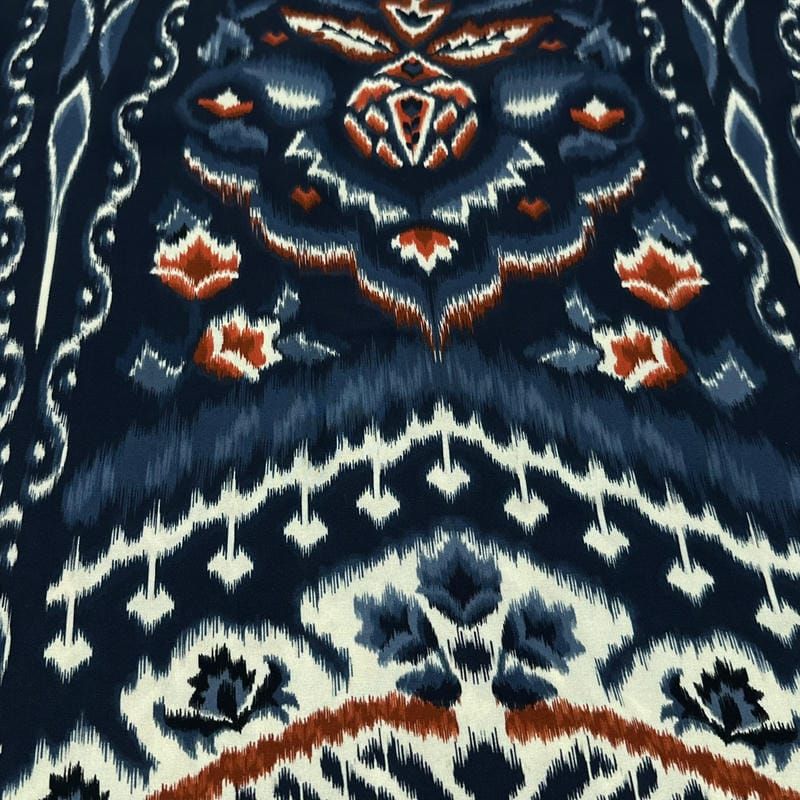 Tecido Viscose Estampada Étnica Ornamental Fundo Azul Marinho • Luema Tecidos