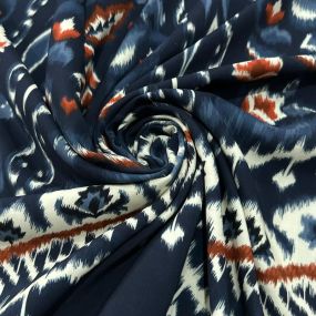 Tecido Viscose Estampada Étnica Ornamental Fundo Azul Marinho • Luema Tecidos