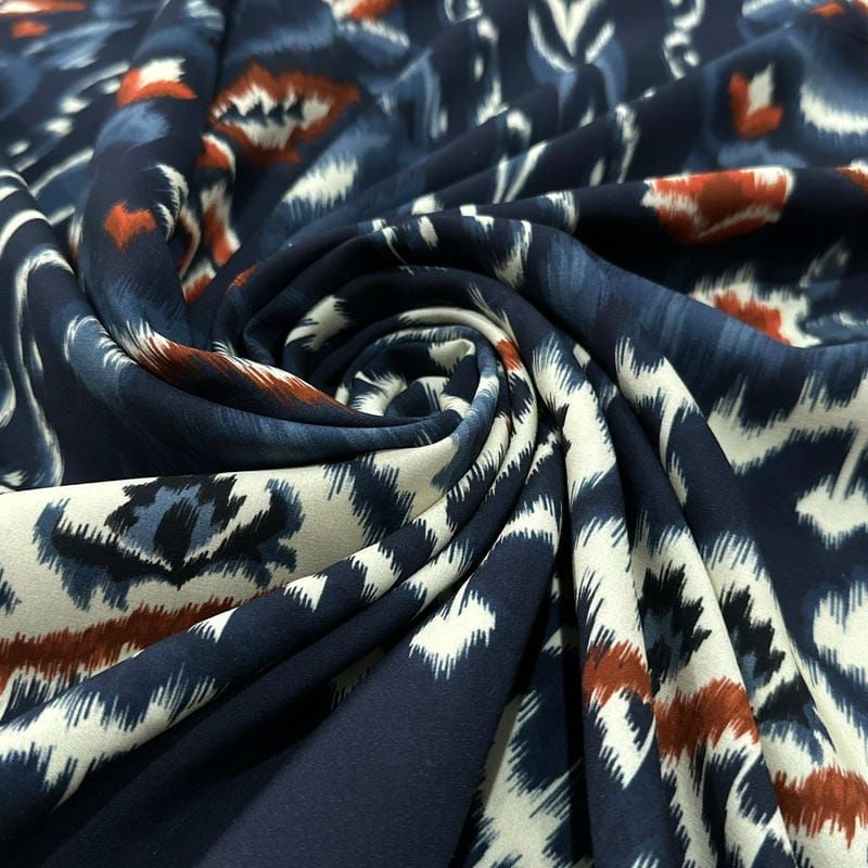 Tecido Viscose Estampada Étnica Ornamental Fundo Azul Marinho • Luema Tecidos