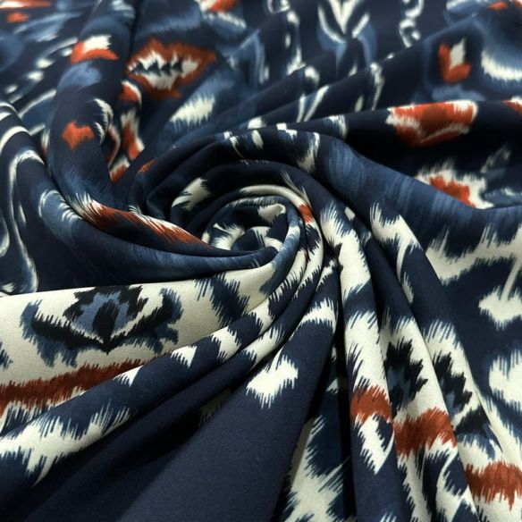 Tecido Viscose Estampada Étnica Ornamental Fundo Azul Marinho • Luema Tecidos