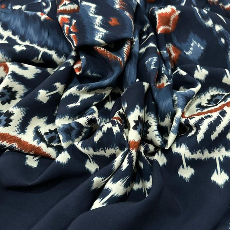 Tecido Viscose Estampada Étnica Ornamental Fundo Azul Marinho • Luema Tecidos