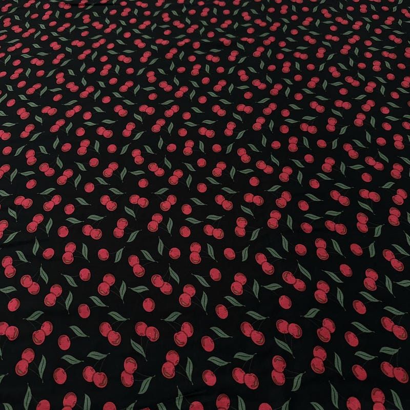 Tecido Viscose Estampada Cerejas Fundo Preto • Luema Tecidos