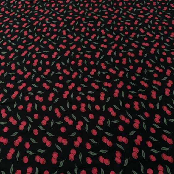 Tecido Viscose Estampada Cerejas Fundo Preto • Luema Tecidos