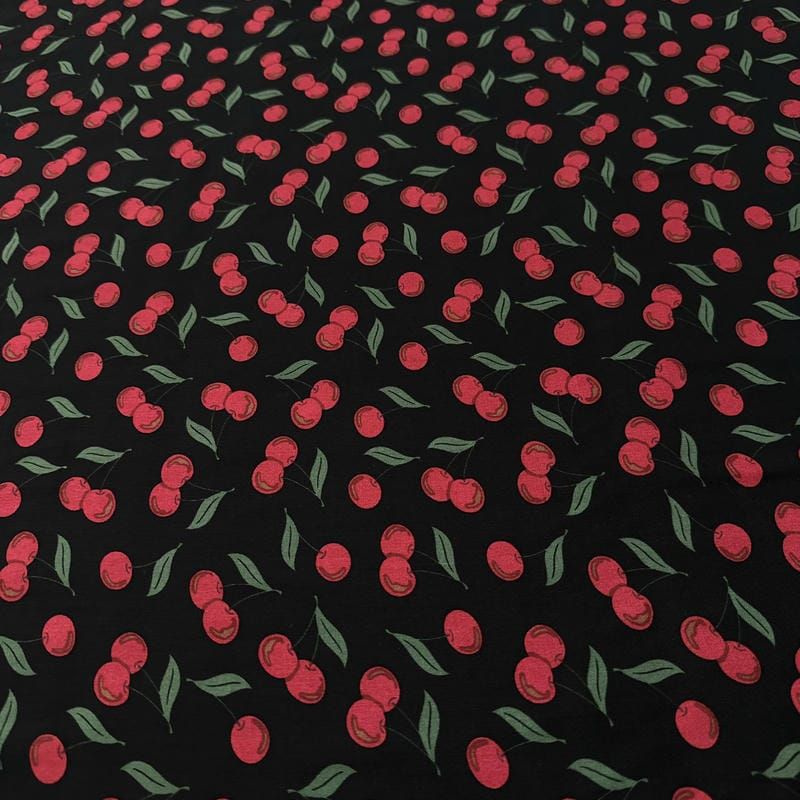 Tecido Viscose Estampada Cerejas Fundo Preto • Luema Tecidos