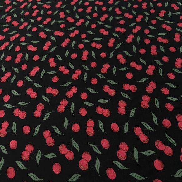 Tecido Viscose Estampada Cerejas Fundo Preto • Luema Tecidos