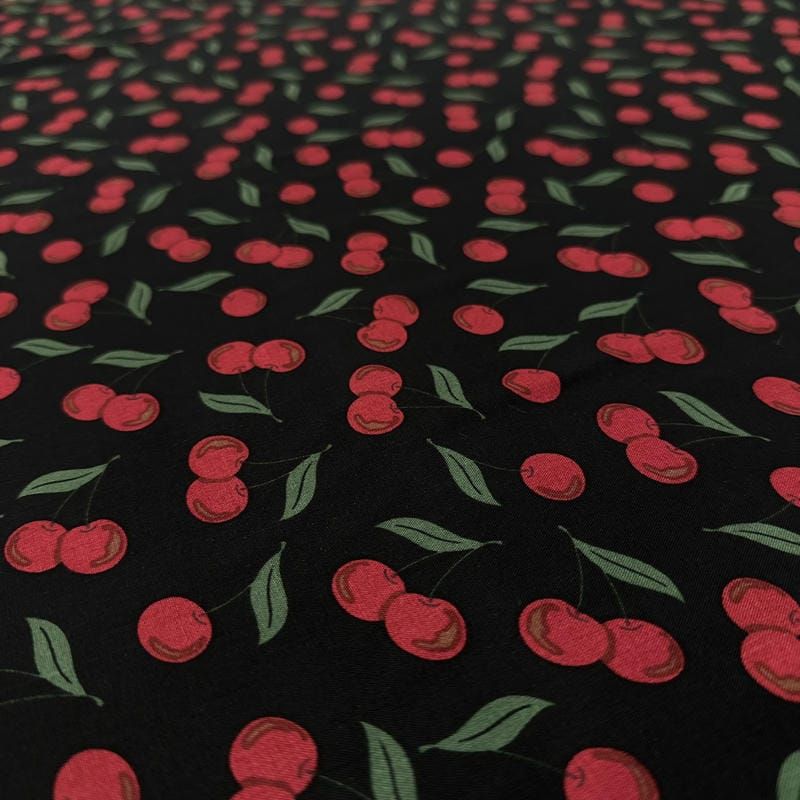 Tecido Viscose Estampada Cerejas Fundo Preto • Luema Tecidos