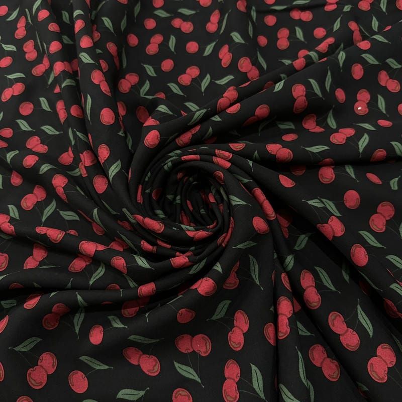 Tecido Viscose Estampada Cerejas Fundo Preto • Luema Tecidos