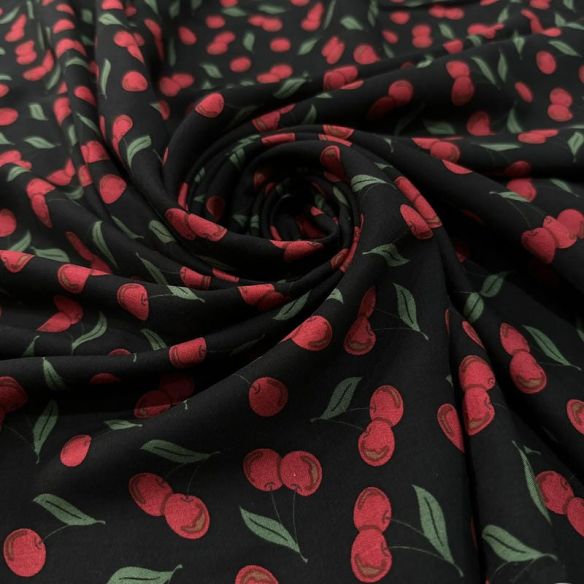 Tecido Viscose Estampada Cerejas Fundo Preto • Luema Tecidos