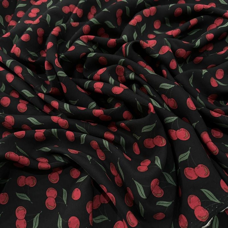 Tecido Viscose Estampada Cerejas Fundo Preto • Luema Tecidos