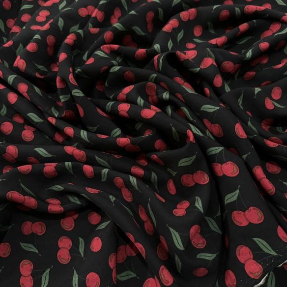 Tecido Viscose Estampada Cerejas Fundo Preto • Luema Tecidos