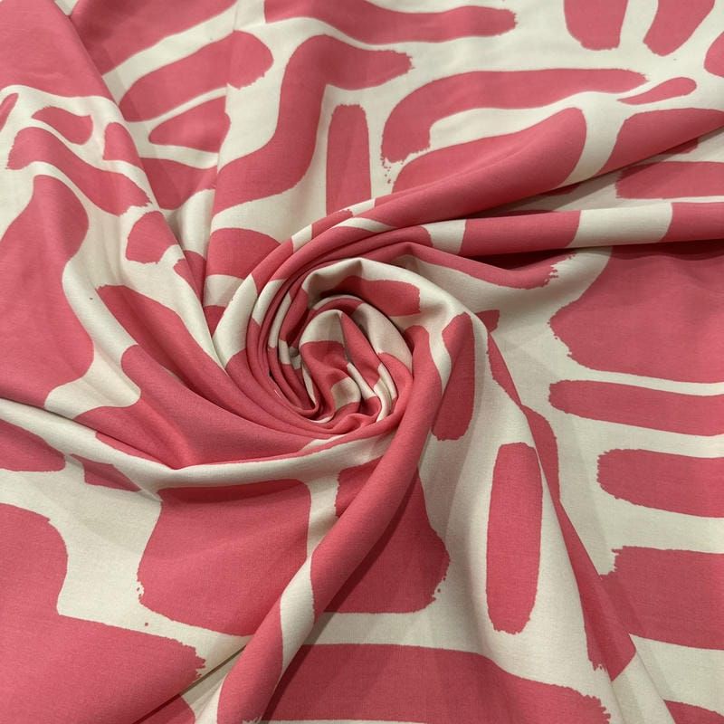 Tecido Viscose Estampada Abstrata Orgânica Rosa Fundo Off White • Luema Tecidos