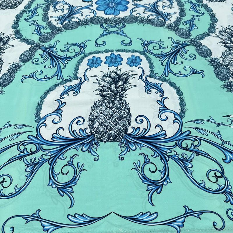 Tecido Viscose Estampada Abacaxi Arabesco Azul Fundo Verde Água • Luema Tecidos