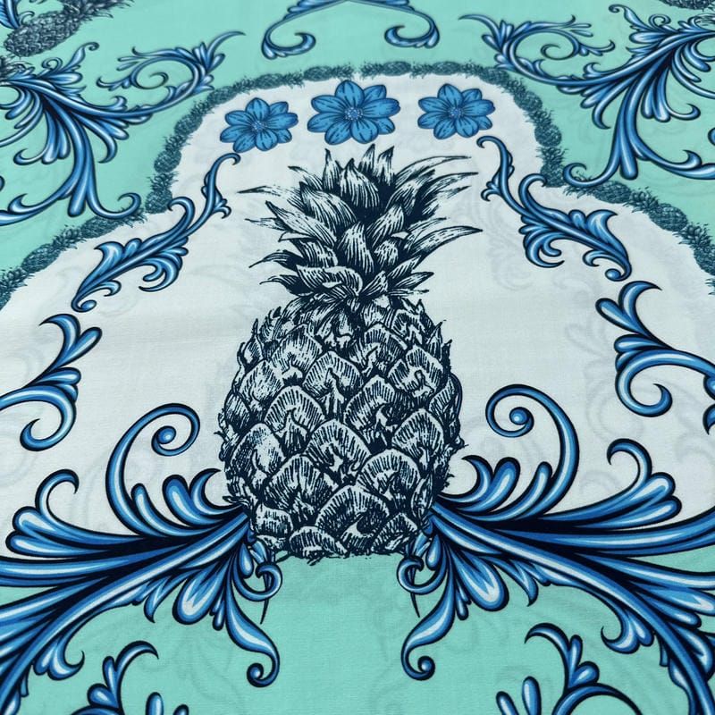 Tecido Viscose Estampada Abacaxi Arabesco Azul Fundo Verde Água • Luema Tecidos