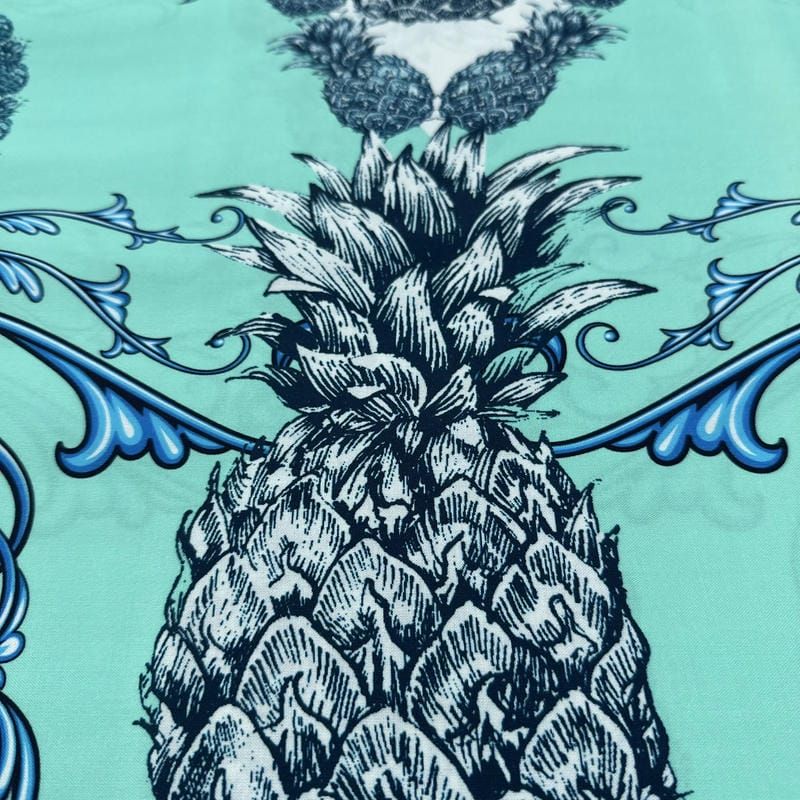 Tecido Viscose Estampada Abacaxi Arabesco Azul Fundo Verde Água • Luema Tecidos