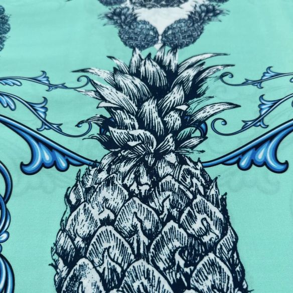 Tecido Viscose Estampada Abacaxi Arabesco Azul Fundo Verde Água • Luema Tecidos