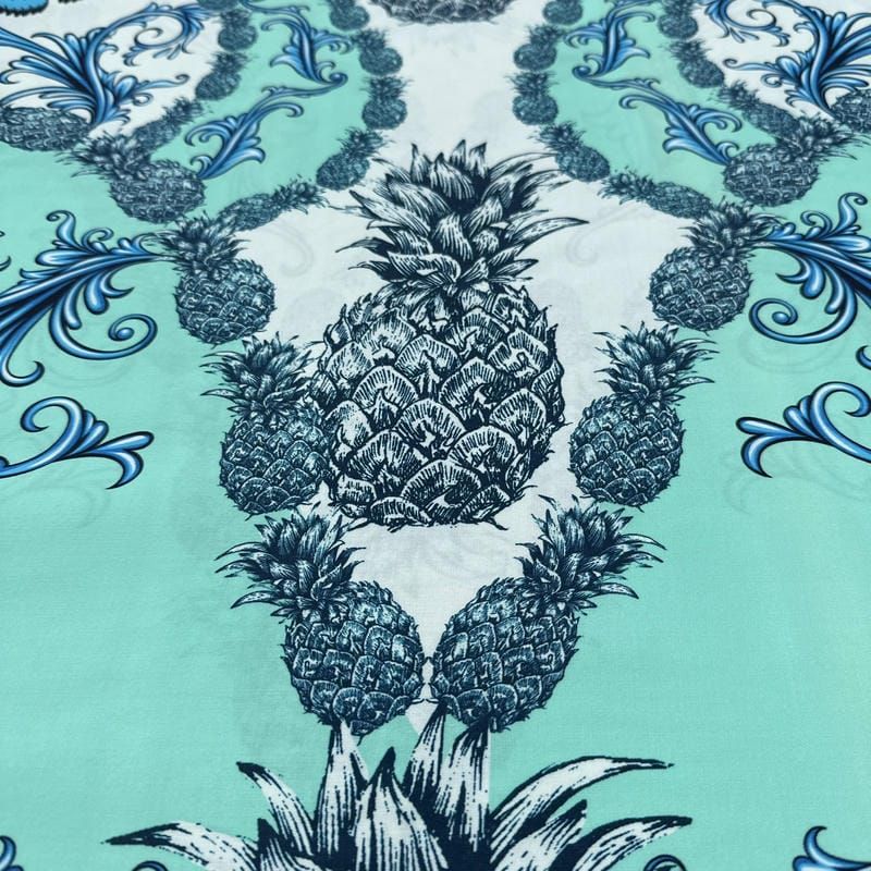 Tecido Viscose Estampada Abacaxi Arabesco Azul Fundo Verde Água • Luema Tecidos