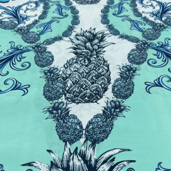 Tecido Viscose Estampada Abacaxi Arabesco Azul Fundo Verde Água • Luema Tecidos
