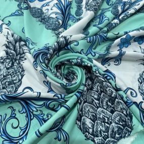Tecido Viscose Estampada Abacaxi Arabesco Azul Fundo Verde Água • Luema Tecidos