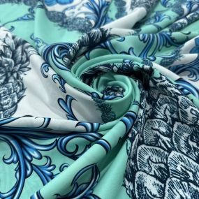 Tecido Viscose Estampada Abacaxi Arabesco Azul Fundo Verde Água • Luema Tecidos 2