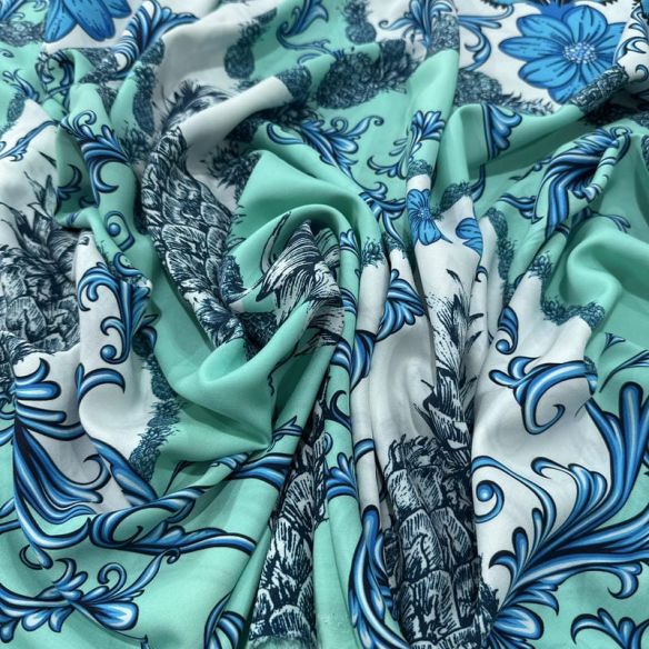Tecido Viscose Estampada Abacaxi Arabesco Azul Fundo Verde Água • Luema Tecidos