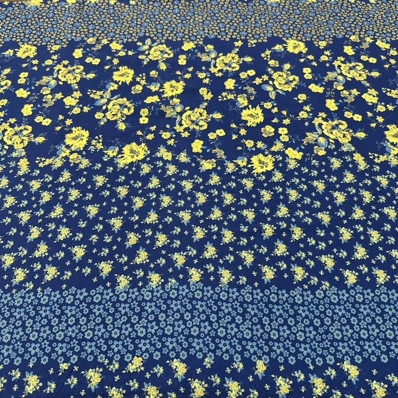 Tecido Viscose Estampada Floral Barrado Amarelo Fundo Azul Marinho • Luema