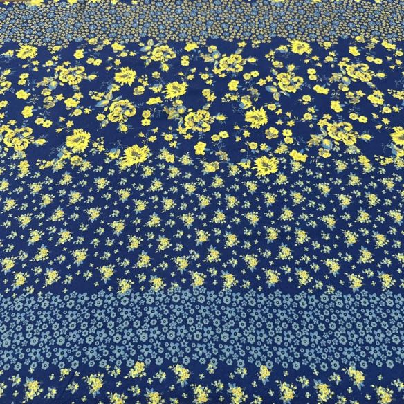 Tecido Viscose Estampada Floral Barrado Amarelo Fundo Azul Marinho • Luema