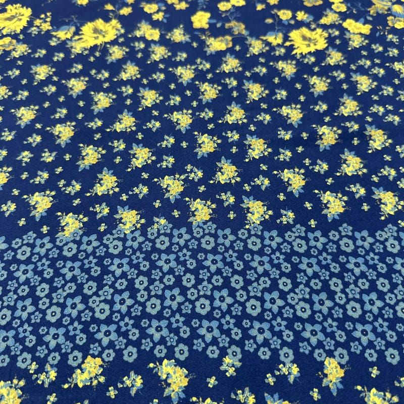 Tecido Viscose Estampada Floral Barrado Amarelo Fundo Azul Marinho • Luema