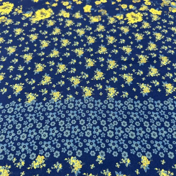 Tecido Viscose Estampada Floral Barrado Amarelo Fundo Azul Marinho • Luema