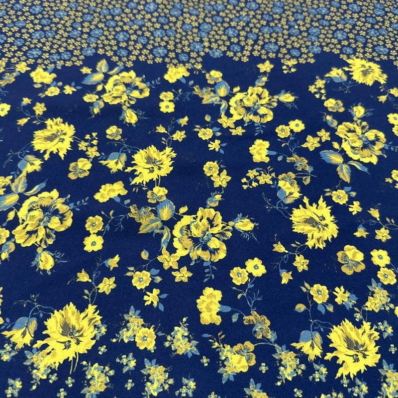 Tecido Viscose Estampada Floral Barrado Amarelo Fundo Azul Marinho • Luema