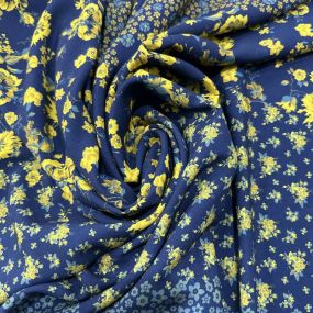 Tecido Viscose Estampada Floral Barrado Amarelo Fundo Azul Marinho • Luema
