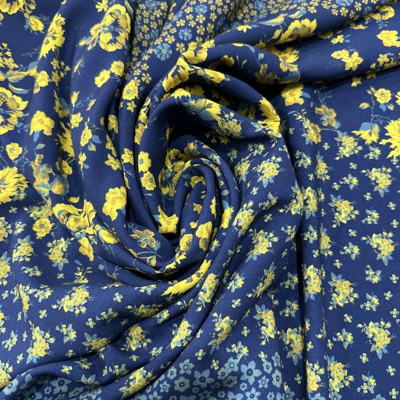 Tecido Viscose Estampada Floral Barrado Amarelo Fundo Azul Marinho • Luema