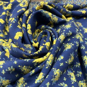 Tecido Viscose Estampada Floral Barrado Amarelo Fundo Azul Marinho • Luema 2