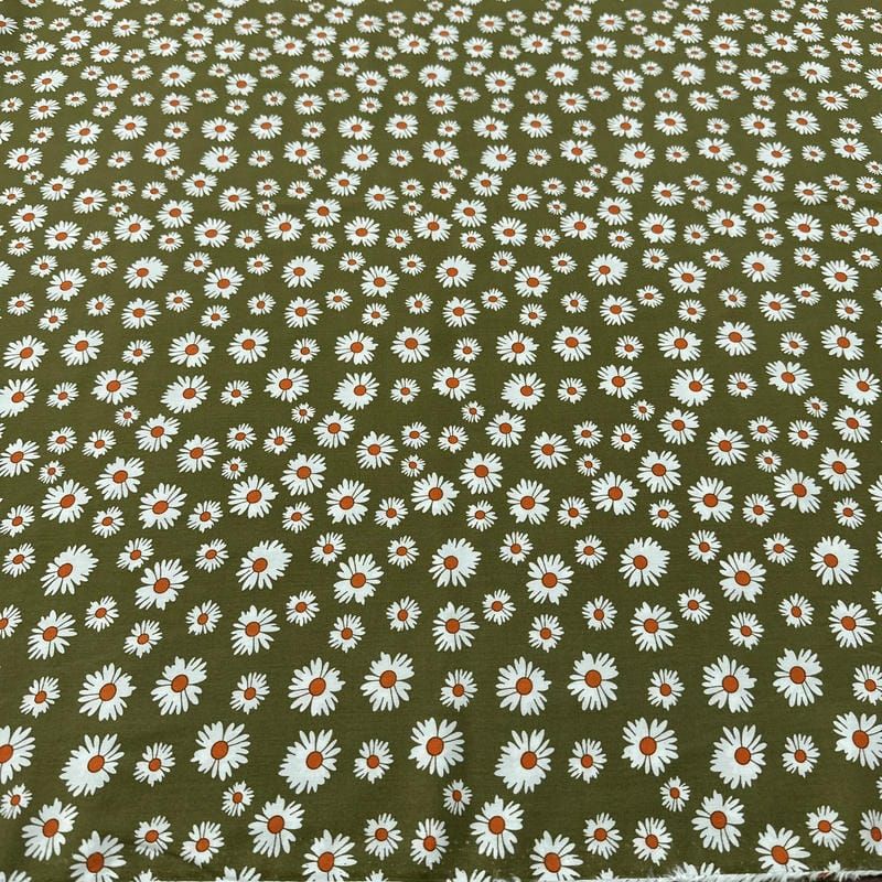 Tecido Viscose Estampada Margaridas Fundo Verde Militar • Luema Tecidos
