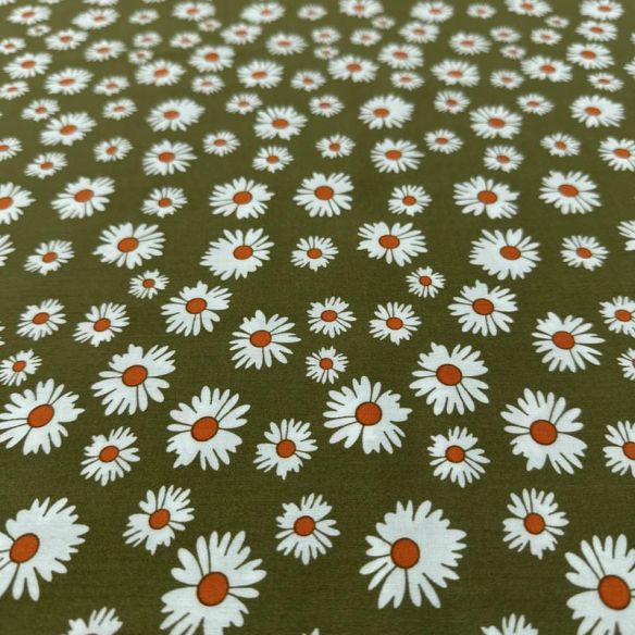 Tecido Viscose Estampada Margaridas Fundo Verde Militar • Luema Tecidos