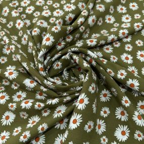 Tecido Viscose Estampada Margaridas Fundo Verde Militar • Luema Tecidos