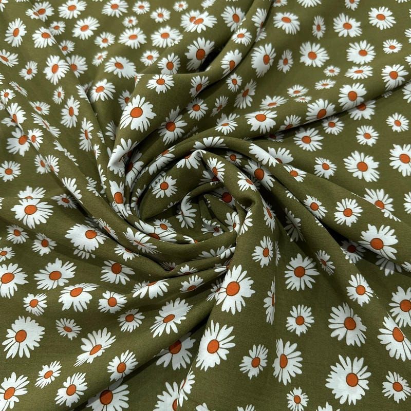 Tecido Viscose Estampada Margaridas Fundo Verde Militar • Luema Tecidos