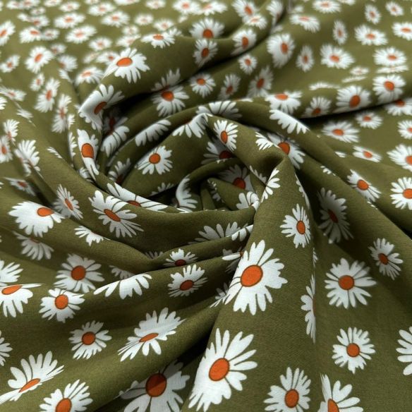 Tecido Viscose Estampada Margaridas Fundo Verde Militar • Luema Tecidos