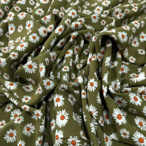 Tecido Viscose Estampada Margaridas Fundo Verde Militar • Luema Tecidos