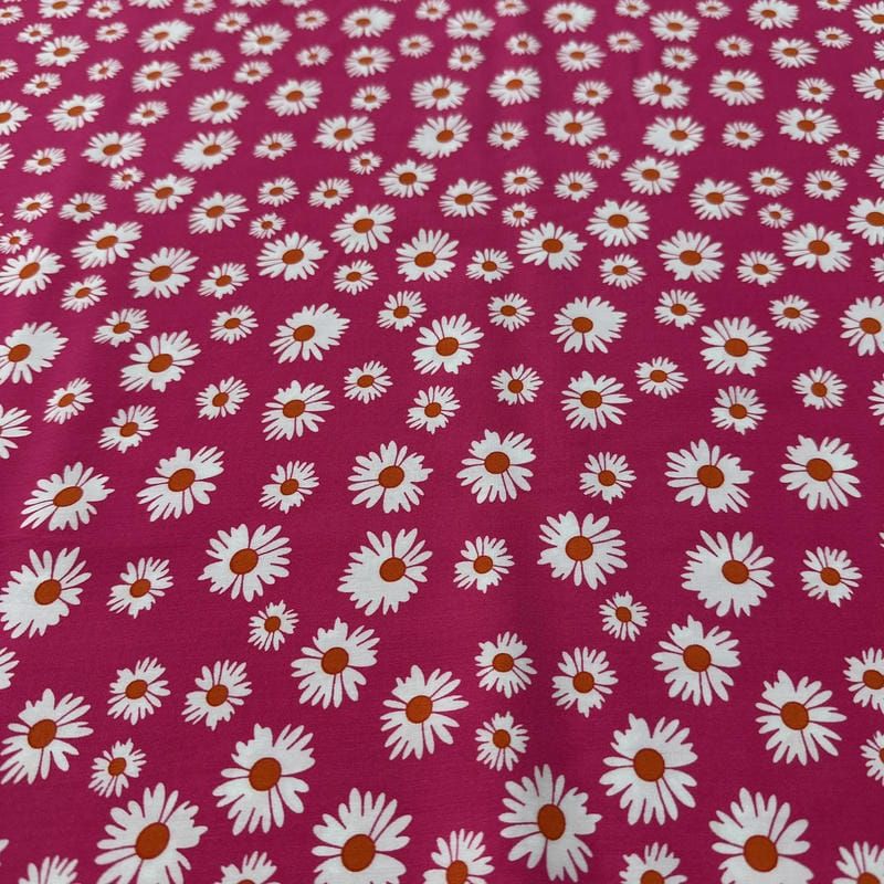 Tecido Viscose Estampada Margaridas Fundo Rosa Pink • Luema Tecidos