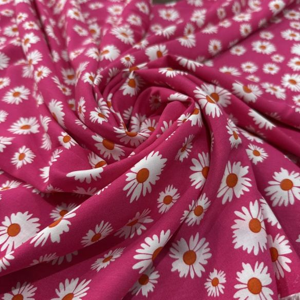 Tecido Viscose Estampada Margaridas Fundo Rosa Pink • Luema Tecidos