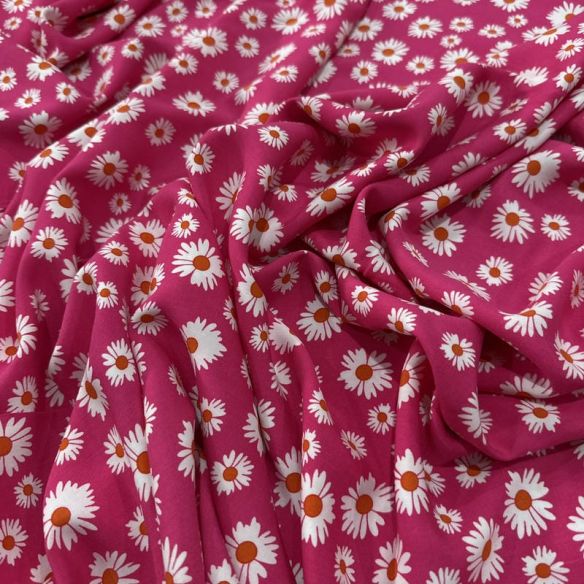 Tecido Viscose Estampada Margaridas Fundo Rosa Pink • Luema Tecidos