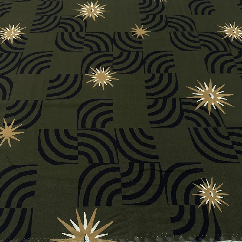 Tecido Viscose Estampada Geométrica Ondas e Estrelas Fundo Verde Militar •