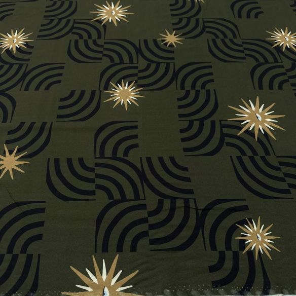 Tecido Viscose Estampada Geométrica Ondas e Estrelas Fundo Verde Militar •