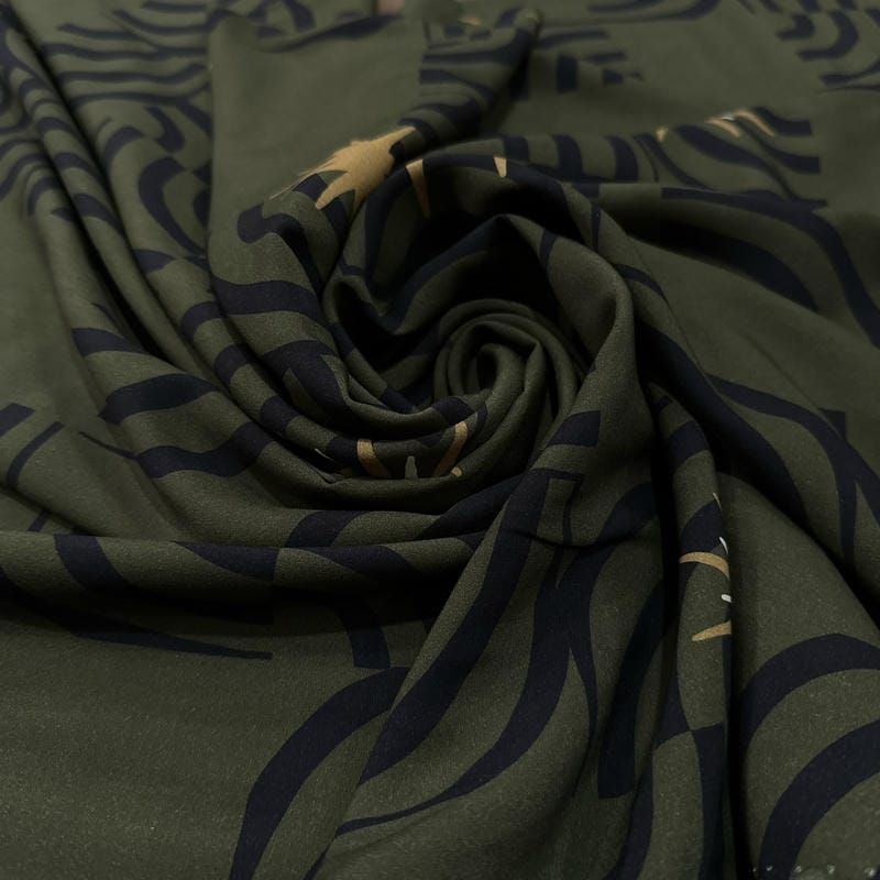 Tecido Viscose Estampada Geométrica Ondas e Estrelas Fundo Verde Militar •