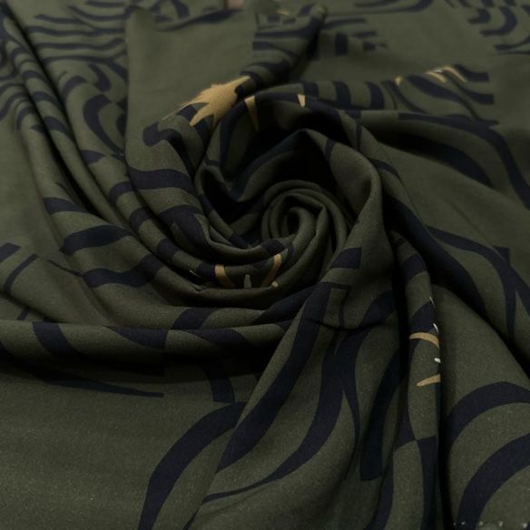 Tecido Viscose Estampada Geométrica Ondas e Estrelas Fundo Verde Militar •