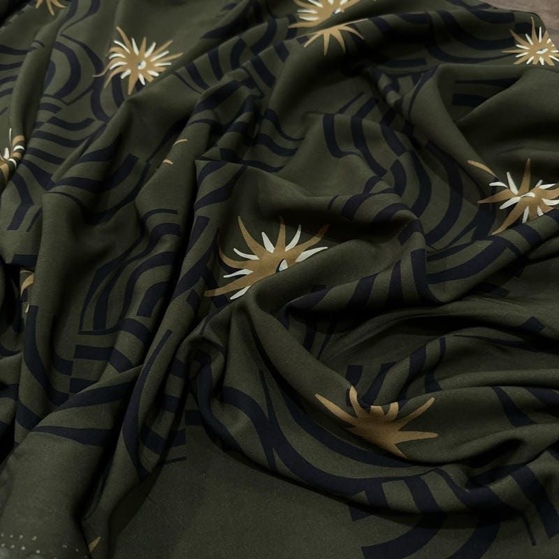 Tecido Viscose Estampada Geométrica Ondas e Estrelas Fundo Verde Militar •
