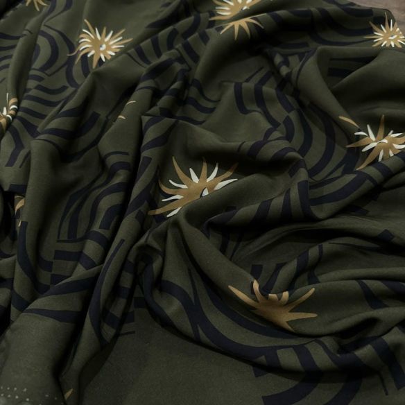 Tecido Viscose Estampada Geométrica Ondas e Estrelas Fundo Verde Militar •